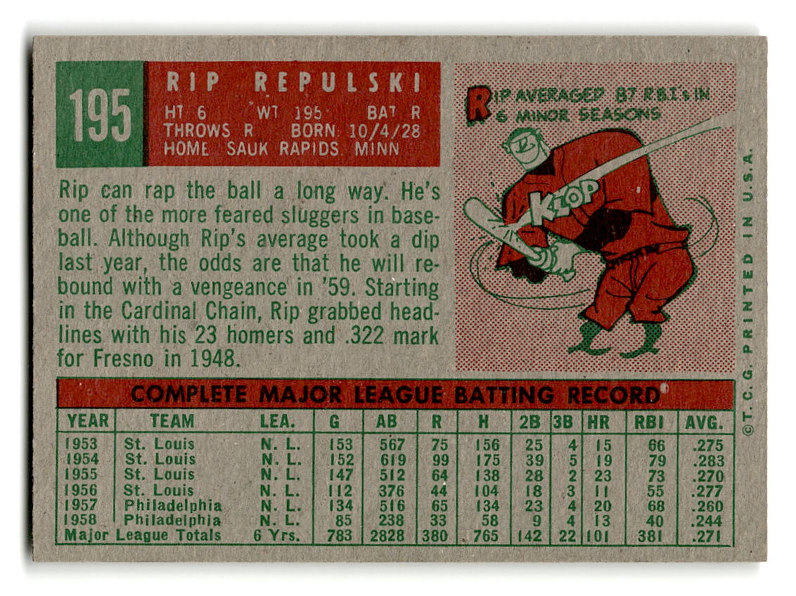 1959 Topps #195 Rip Repulski Los Angeles Dodgers EX