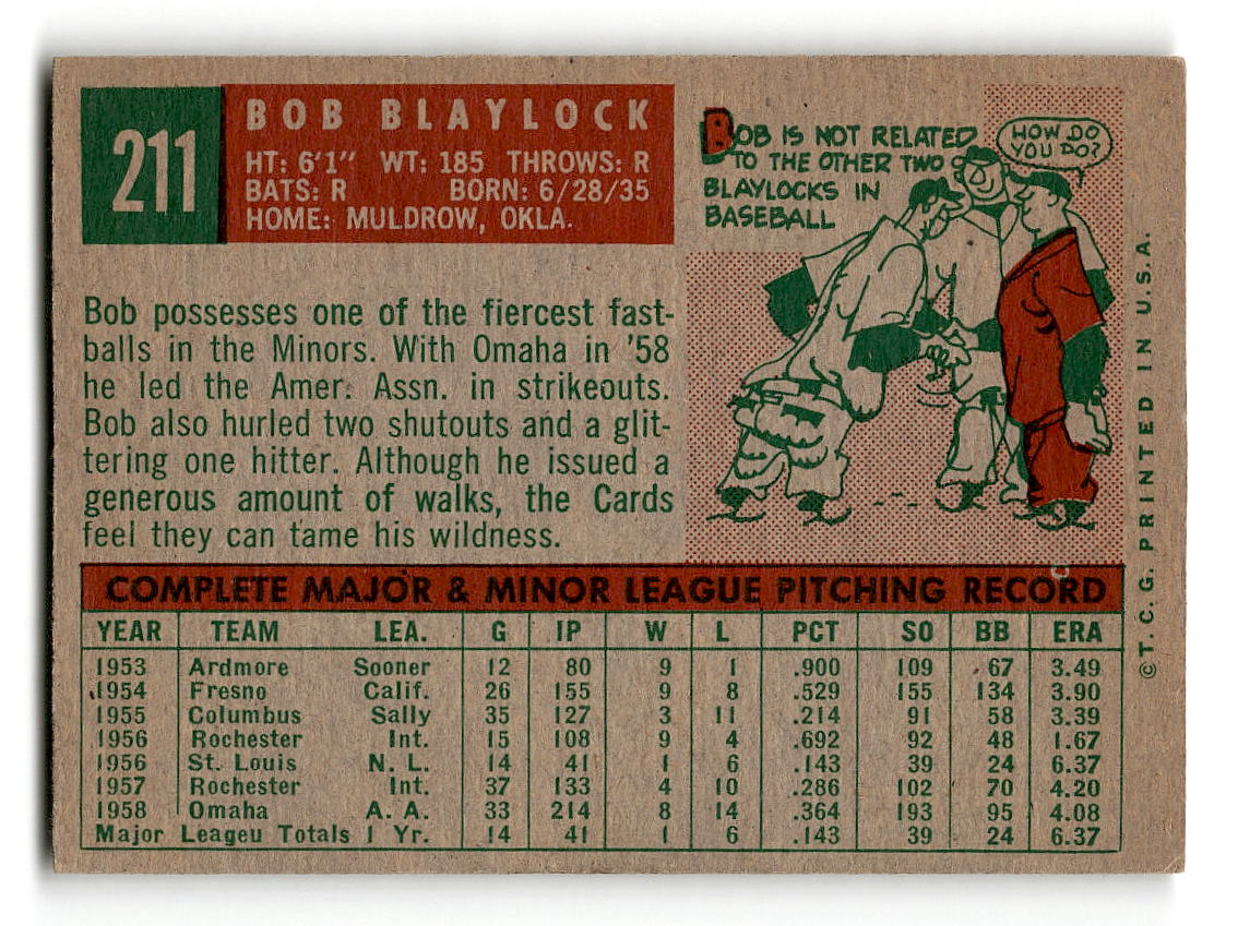1959 Topps #211 Bob Blaylock RC St. Louis Cardinals VG