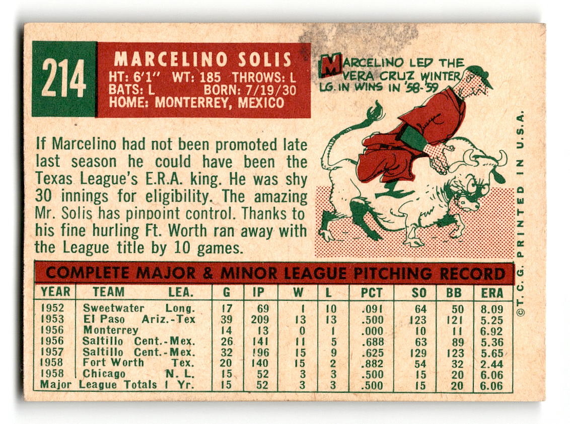1959 Topps #214 Marcelino Solis  Chicago Cubs RC EX