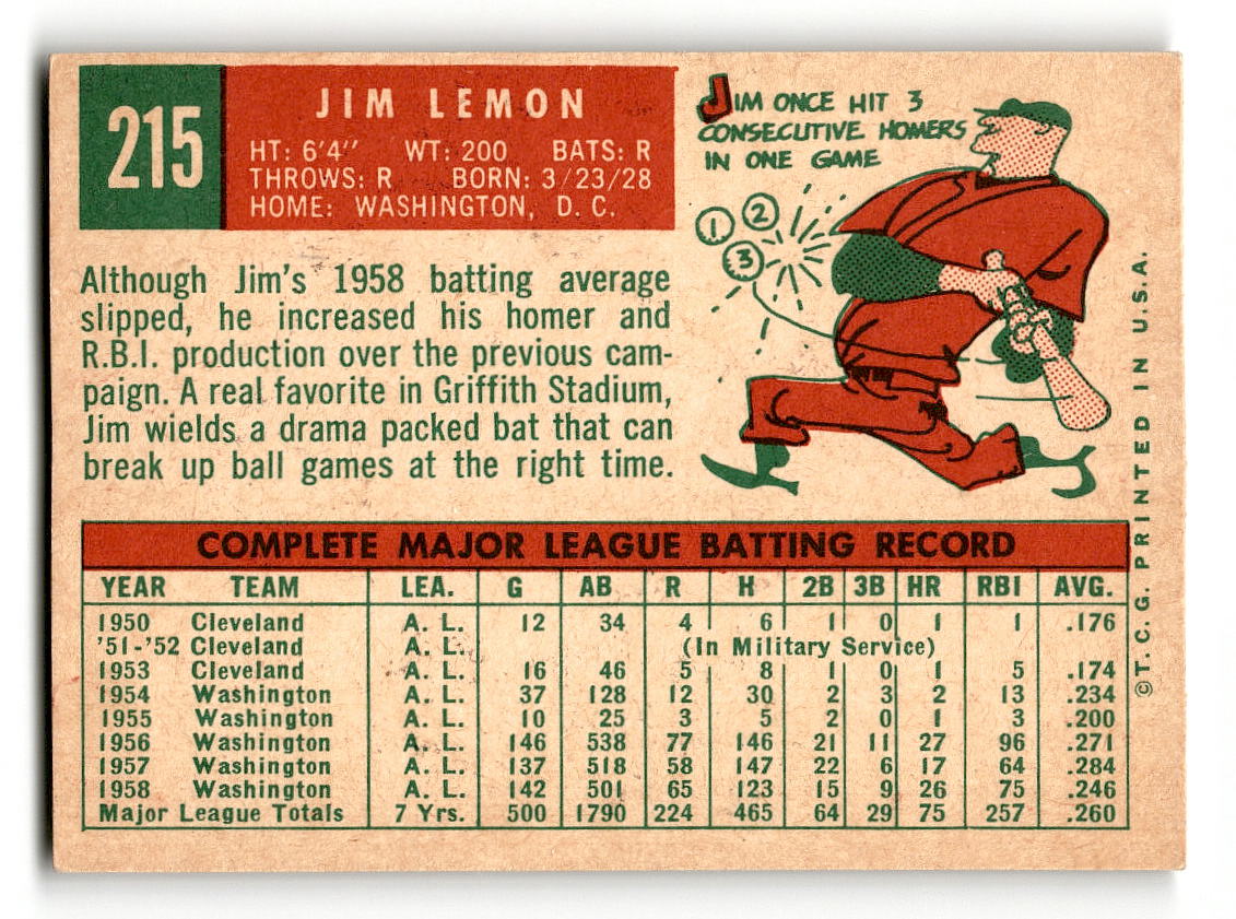 1959 Topps #215 Jim Lemon Washington Senators EX