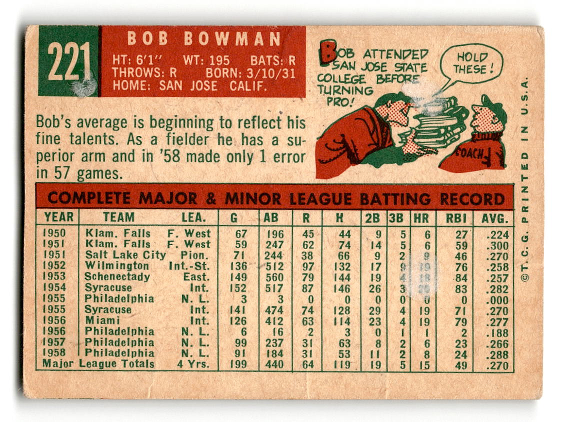 1959 Topps #221 Bob Bowman Philadelphia Phillies G/VG