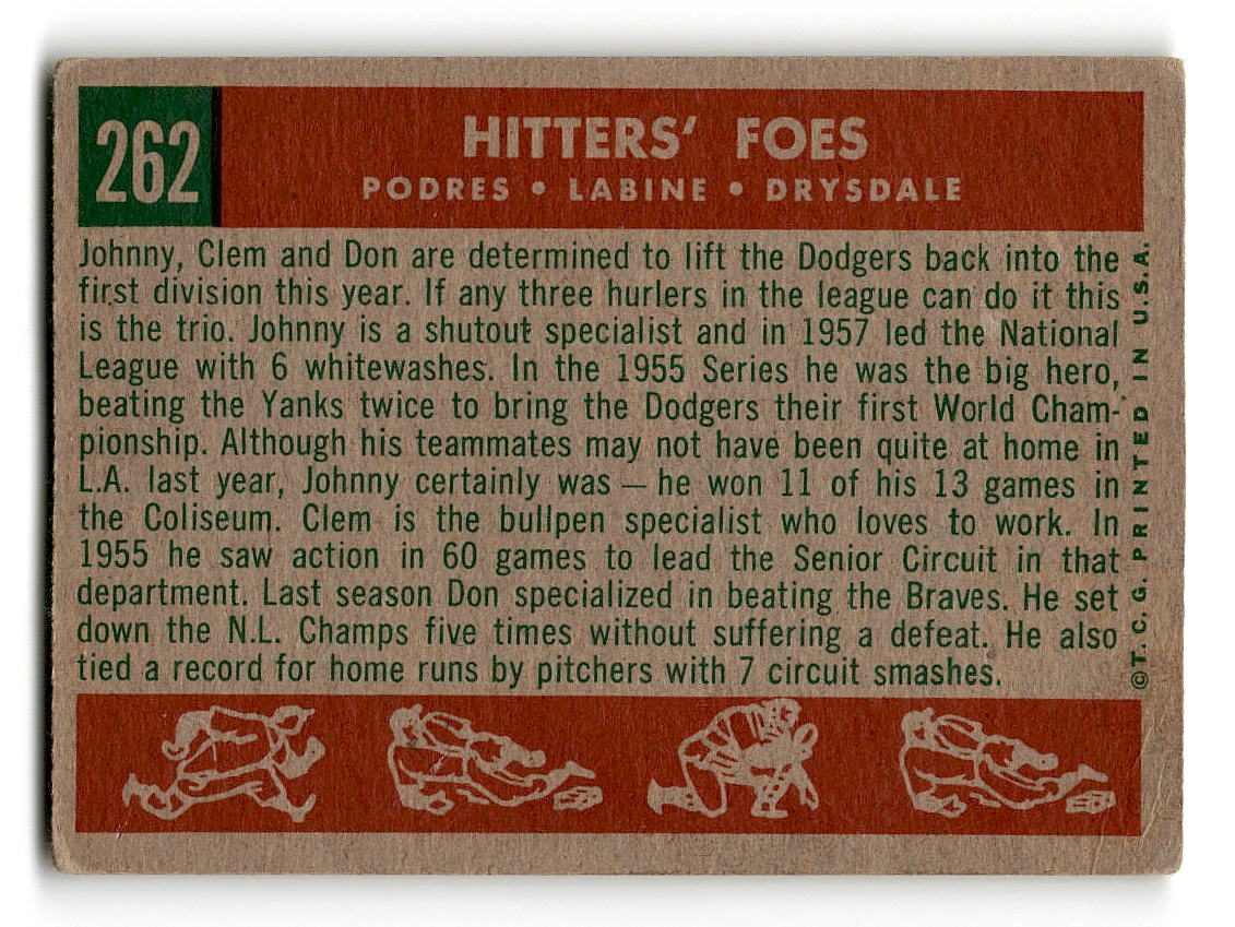 1959 Topps #262 Hitters' Foes Johnny Podres / Clem Labine / Don Drysdale VG