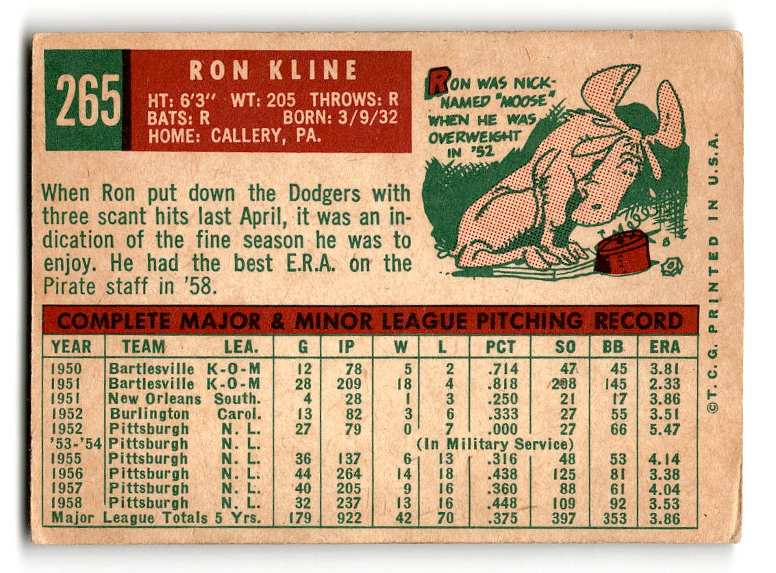 1959 Topps #265 Ron Kline Pittsburgh Pirates VGEX