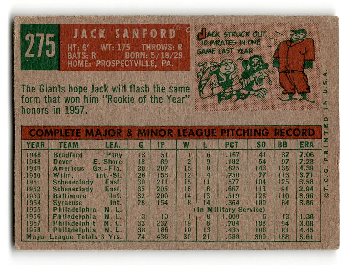 1959 Topps #275 Jack Sanford San Francisco Giants VG
