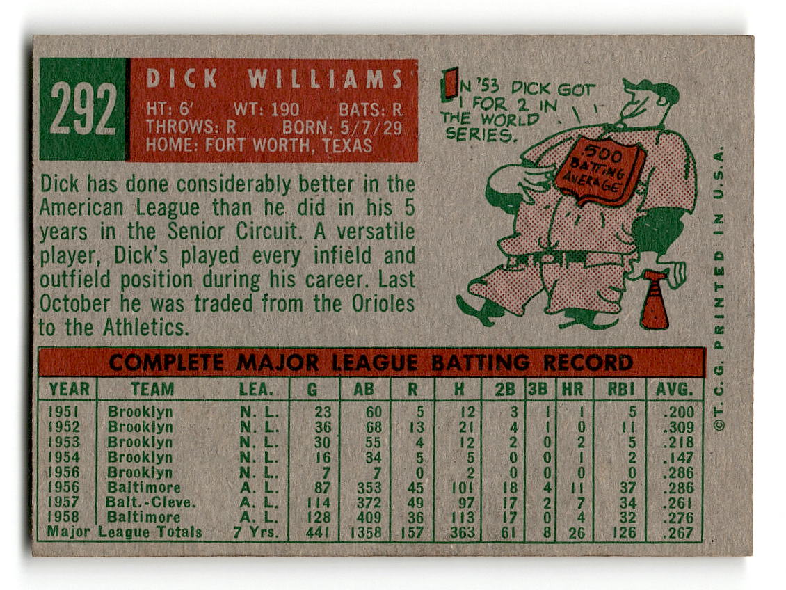 1959 Topps #292 Dick Williams Kansas City Athletics EX
