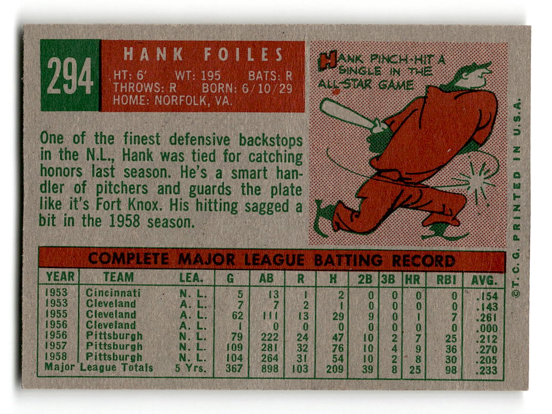 1959 Topps #294 Hank Foiles Pittsburgh Pirates VGEX