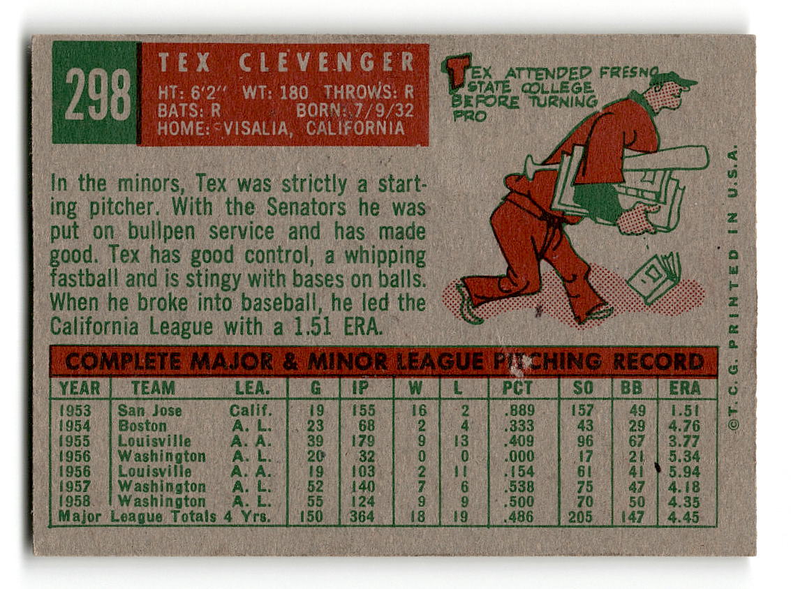 1959 Topps #298 Tex Clevenger Washington Senators EX