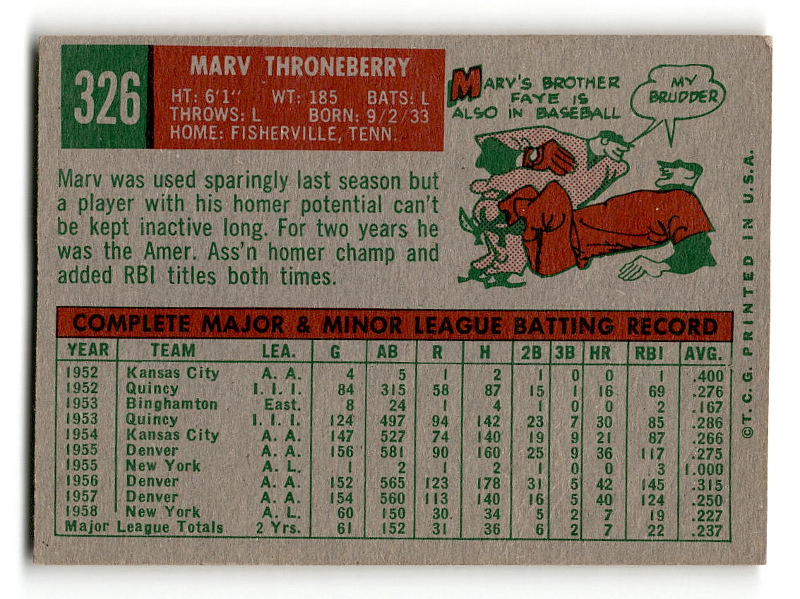 1959 Topps #326 Marv Throneberry New York Yankees VG