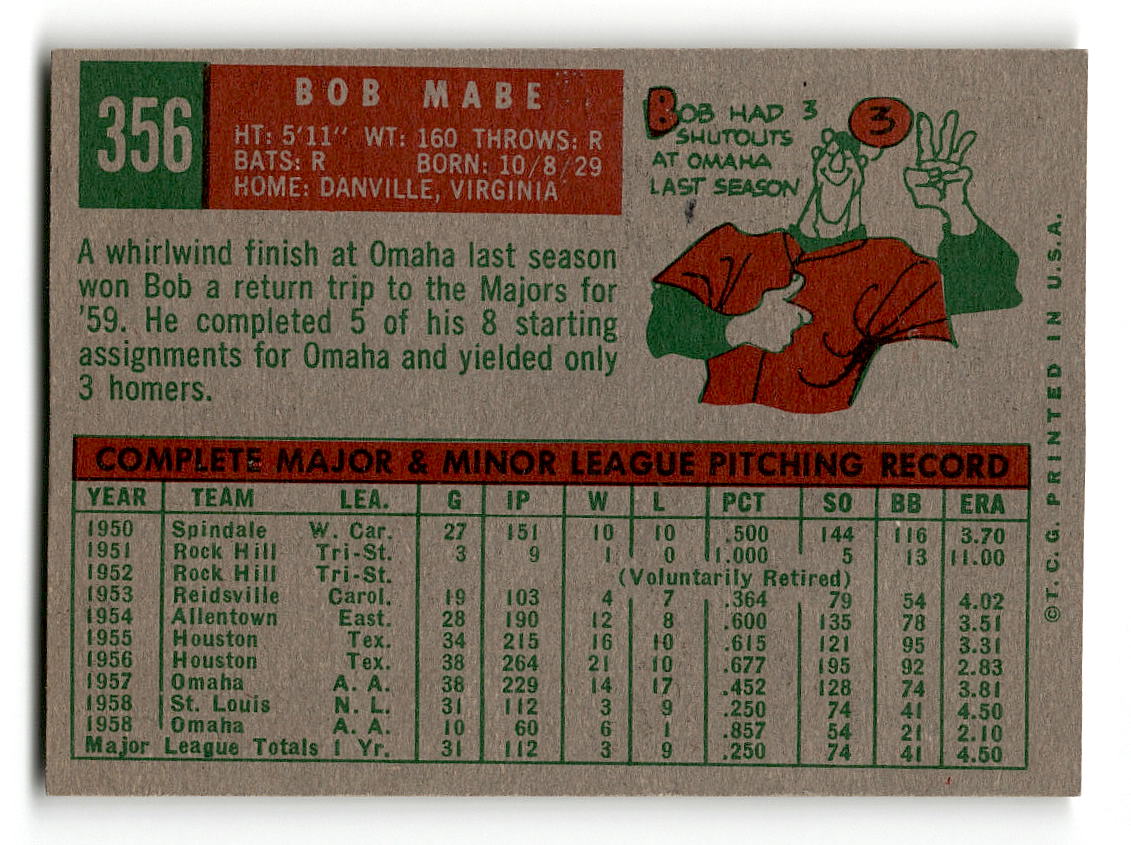1959 Topps #356 Bob Mabe Cincinnati Reds RC NMT