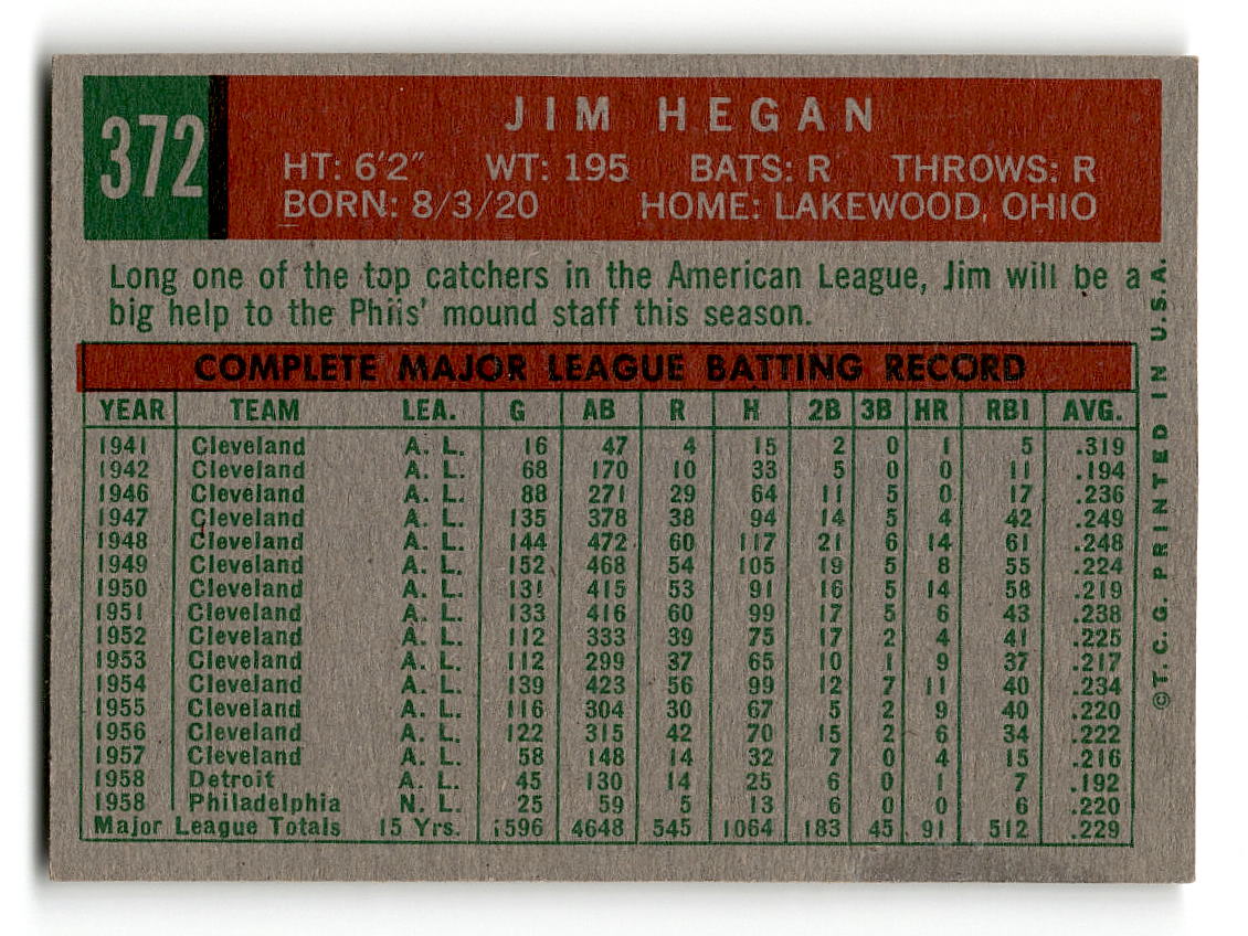1959 Topps #372 Jim Hegan Philadelphia Phillies EXMT
