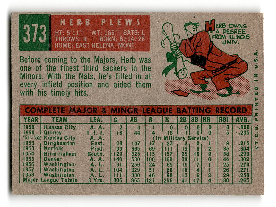1959 Topps #373 Herb Plews Washington Senators EX