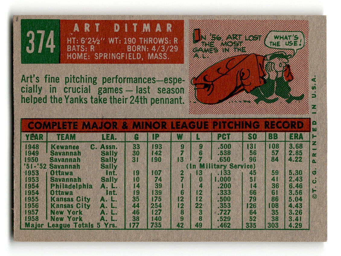 1959 Topps #374 Art Ditmar New York Yankees EXMT
