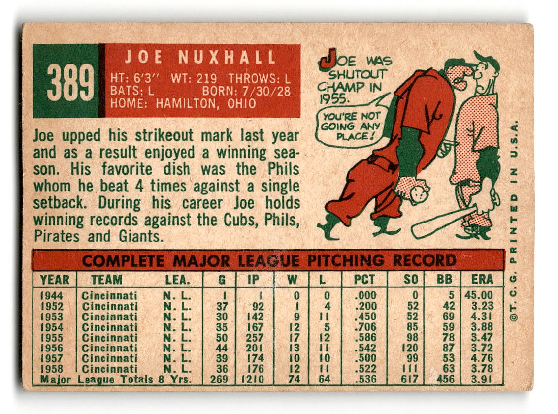 1959 Topps #389 Joe Nuxhall Cincinnati Reds VGEX