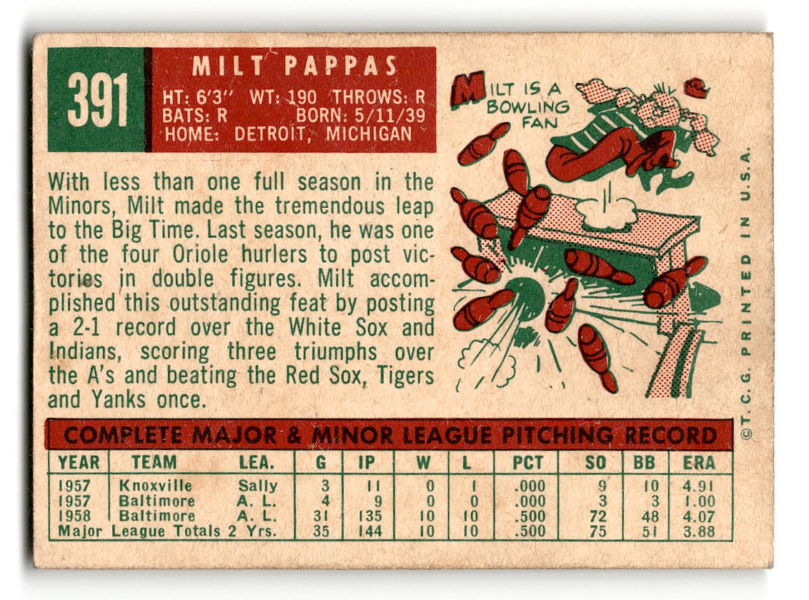1959 Topps #391 Milt Pappas Baltimore Orioles EX