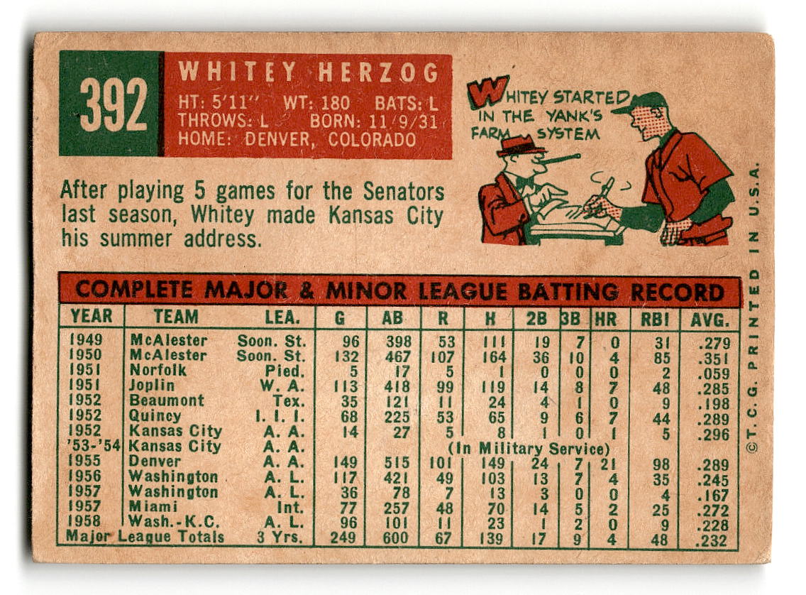 1959 Topps #392 Whitey Herzog Kansas City Athletics VGEX