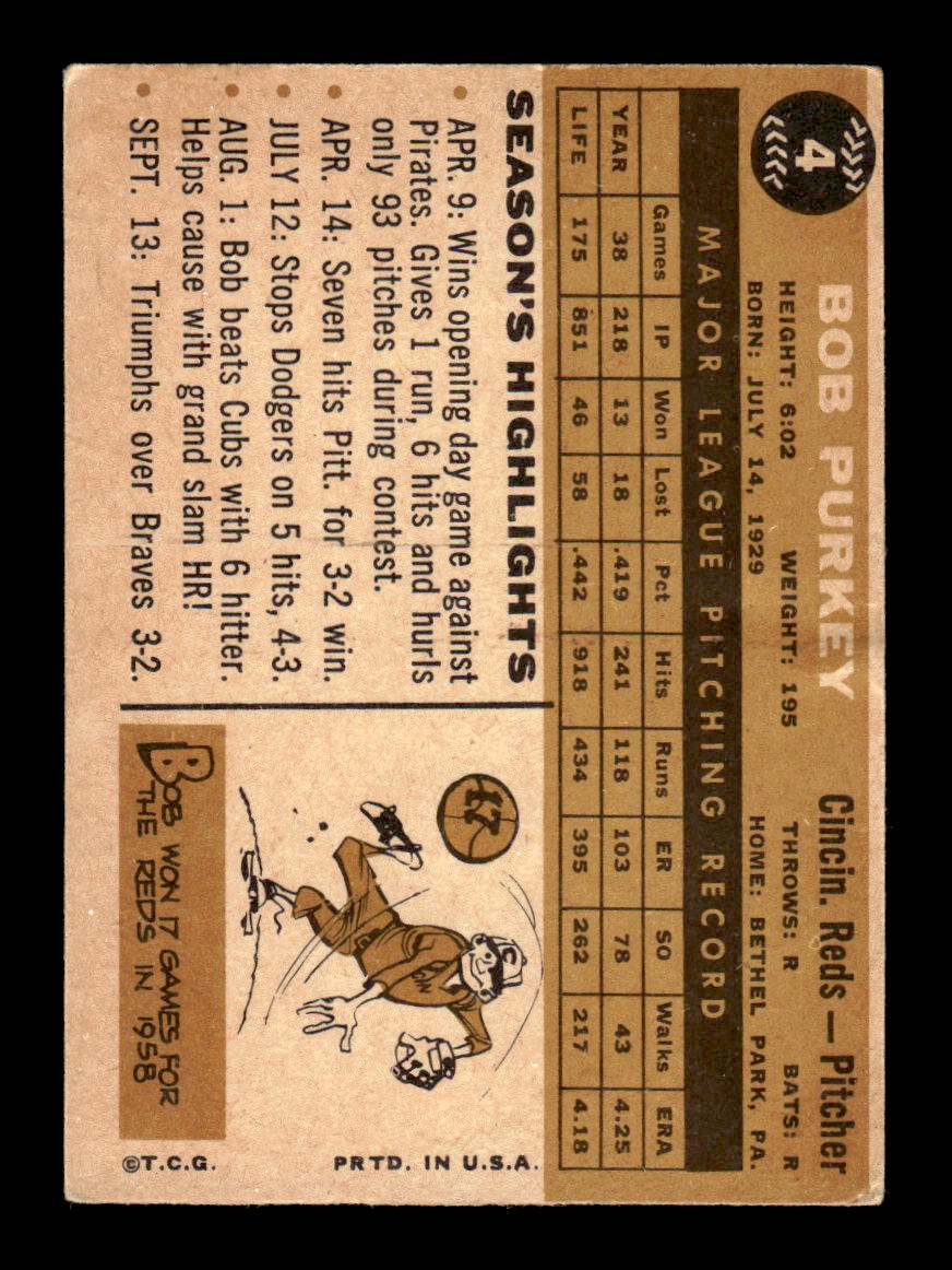 1960 Topps #4 Bob Purkey - Cincinnati Reds VG
