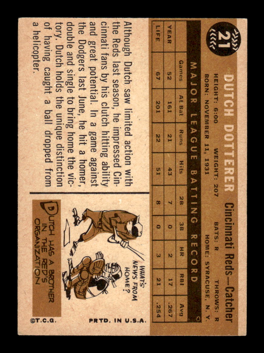 1960 Topps #21 Dutch Dotterer - Cincinnati Reds EX