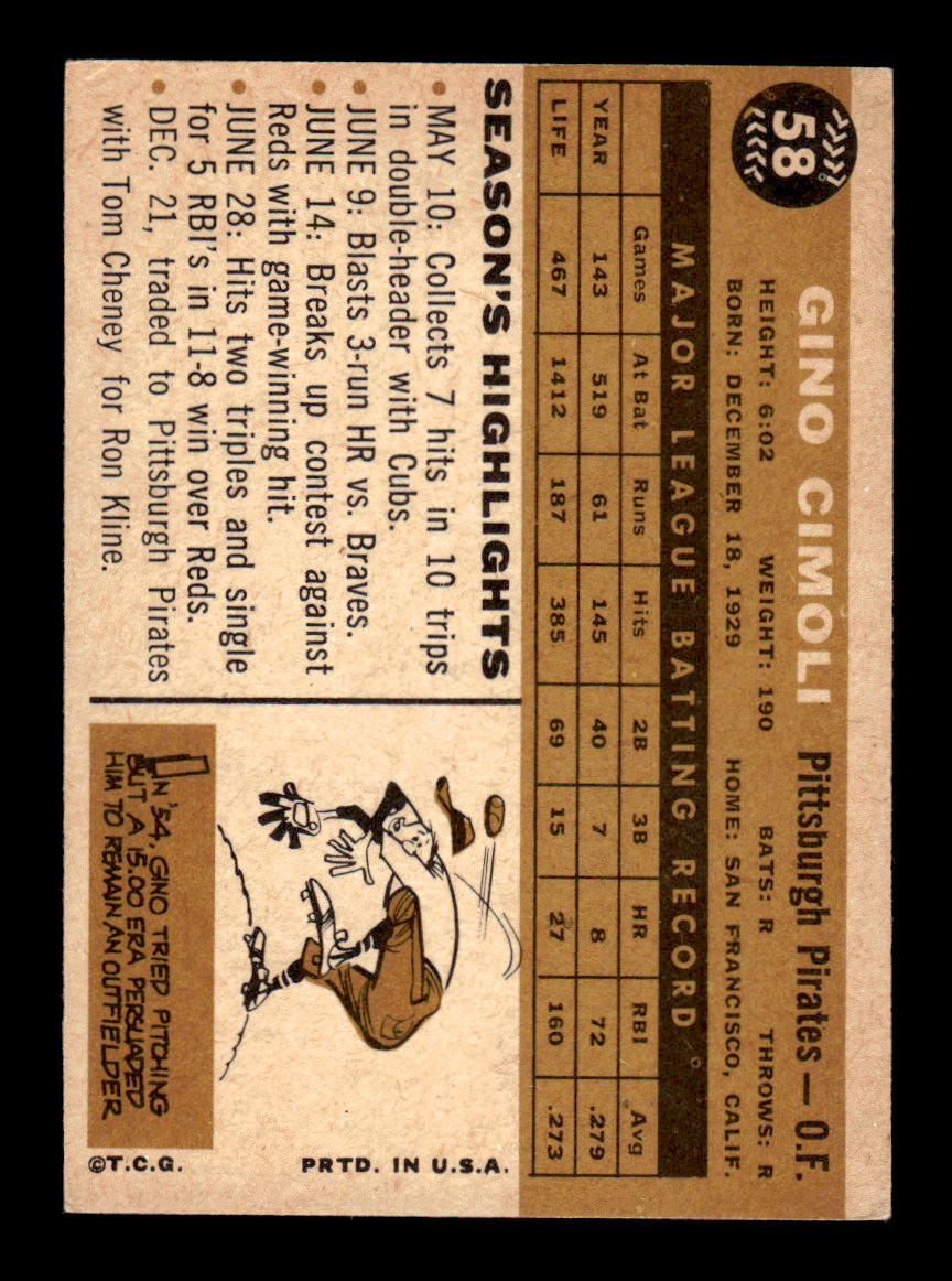 1960 Topps #58 Gino Cimoli - Pittsburgh Pirates EX