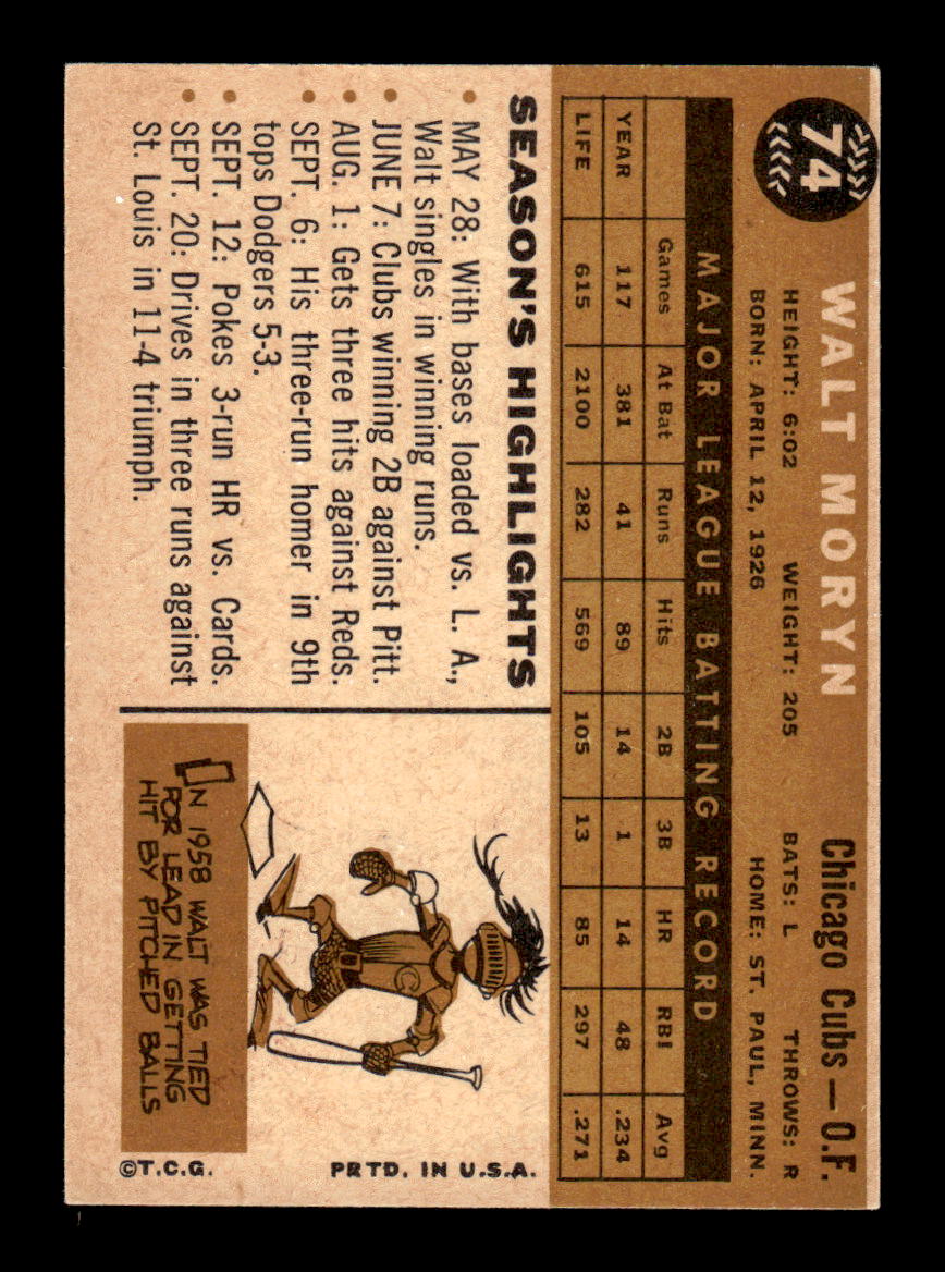1960 Topps #74 Walt Moryn - Chicago Cubs VG