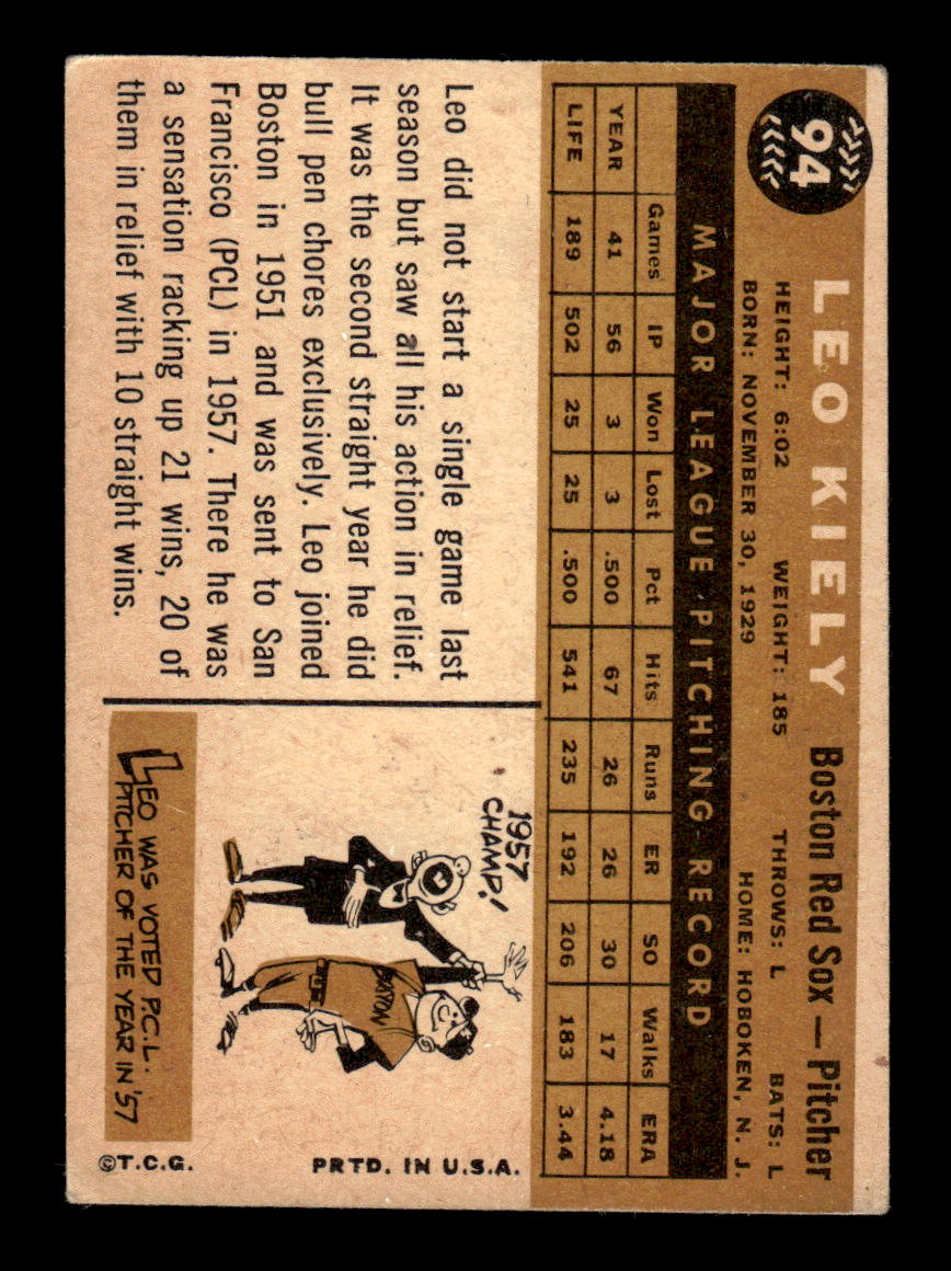 1960 Topps #94 Leo Kiely - Boston Red Sox EX