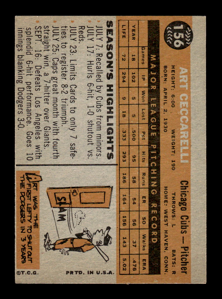 1960 Topps #156 Art Ceccarelli - Chicago Cubs EX