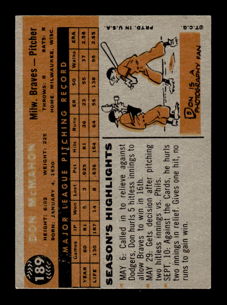 1960 Topps #189 Don McMahon - Milwaukee Braves VGEX