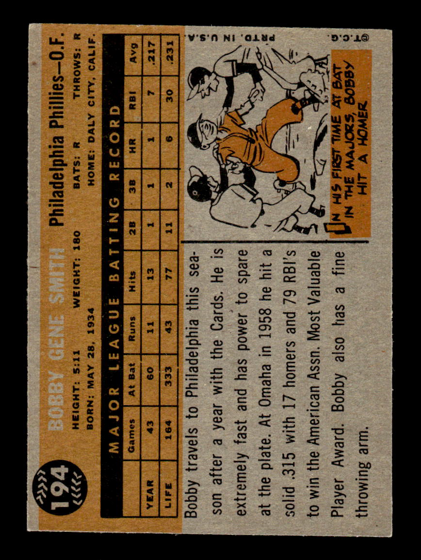 1960 Topps #194 Bobby Gene Smith - Philadelphia Phillies EX