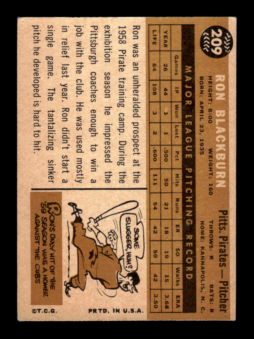 1960 Topps #209 Ron Blackburn - Pittsburgh Pirates EX