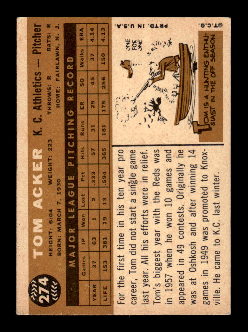 1960 Topps #274 Tom Acker - Kansas City Athletics VG
