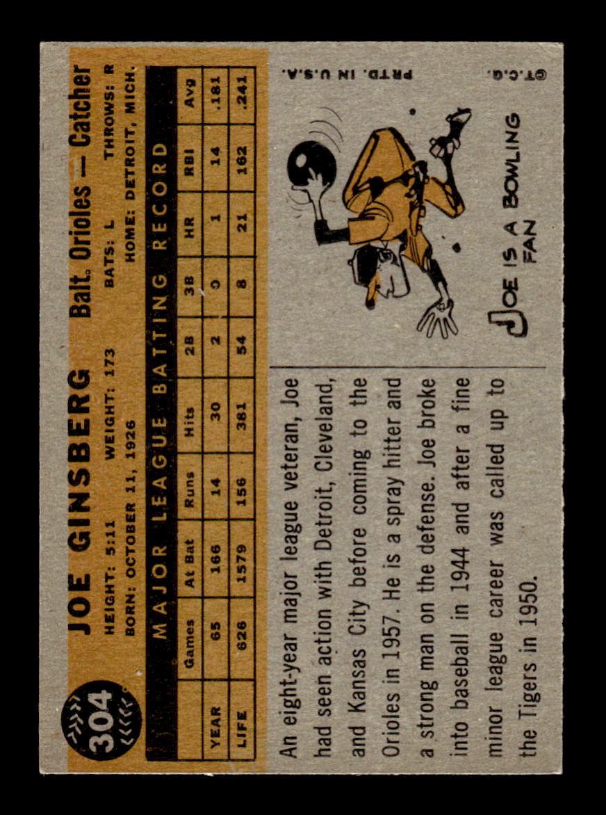 1960 Topps #304 Joe Ginsberg - Baltimore Orioles EX