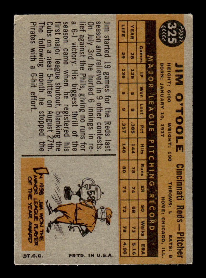 1960 Topps #325 Jim O'Toole - Cincinnati Reds VGEX