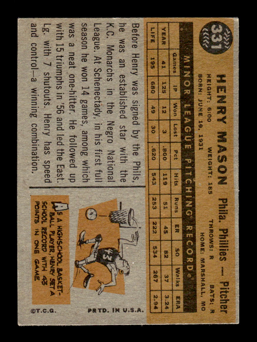 1960 Topps #331 Henry Mason - Philadelphia Phillies RC EX