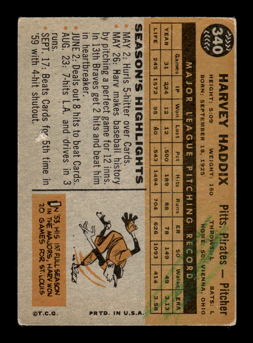 1960 Topps #340 Harvey Haddix - Pittsburgh Pirates G (MK)