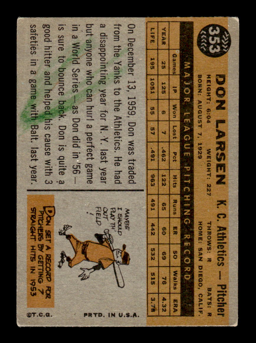 1960 Topps #353 Don Larsen - Kansas City Athletics VG (MK)