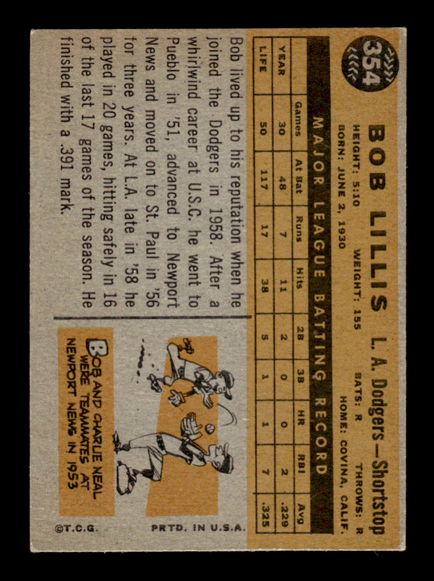 1960 Topps #354 Bob Lillis - Los Angeles Dodgers EX