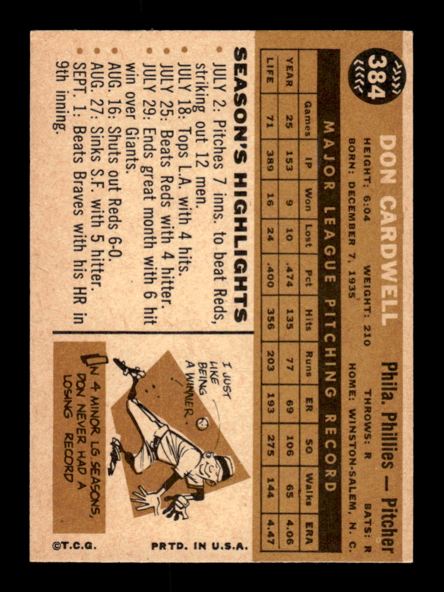 1960 Topps #384 Don Cardwell - Philadelphia Phillies EXMT