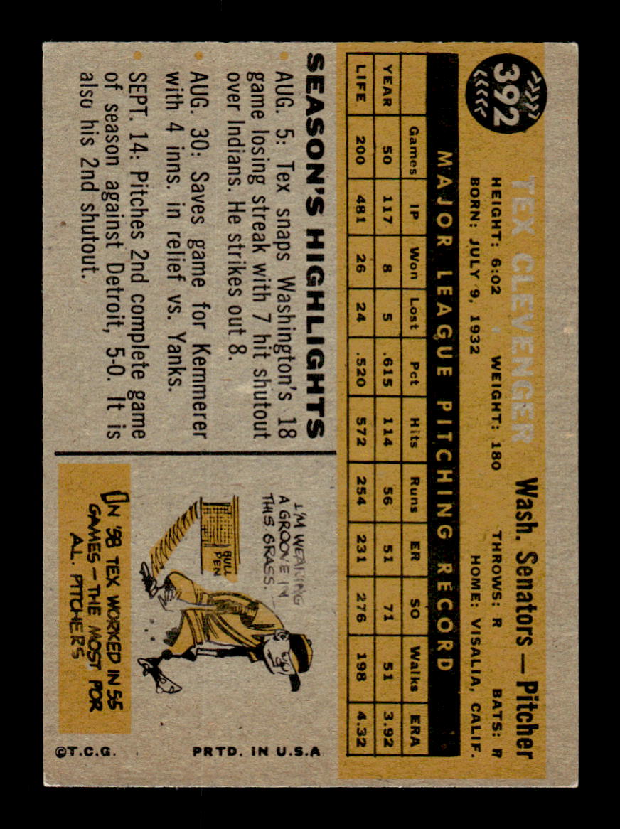 1960 Topps #392 Tex Clevenger - Washington Senators VGEX GRAY BACK