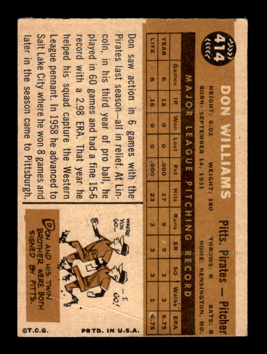 1960 Topps #414 Don Williams - Pittsburgh Pirates RC VG