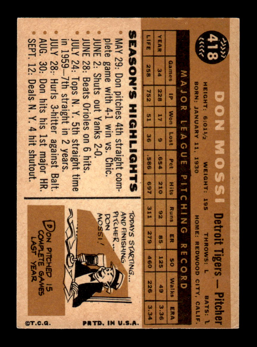 1960 Topps #418 Don Mossi - Detroit Tigers EXMT