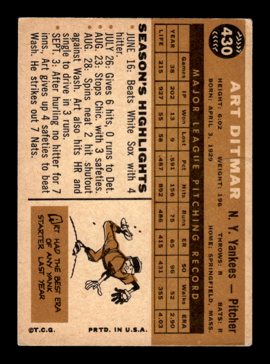 1960 Topps #430 Art Ditmar - New York Yankees VGX