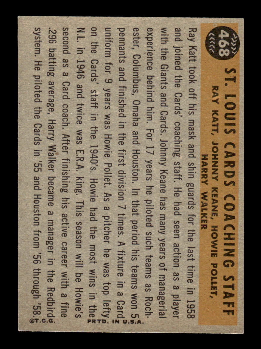 1960 Topps #468 Cardinals Coaches VGEX