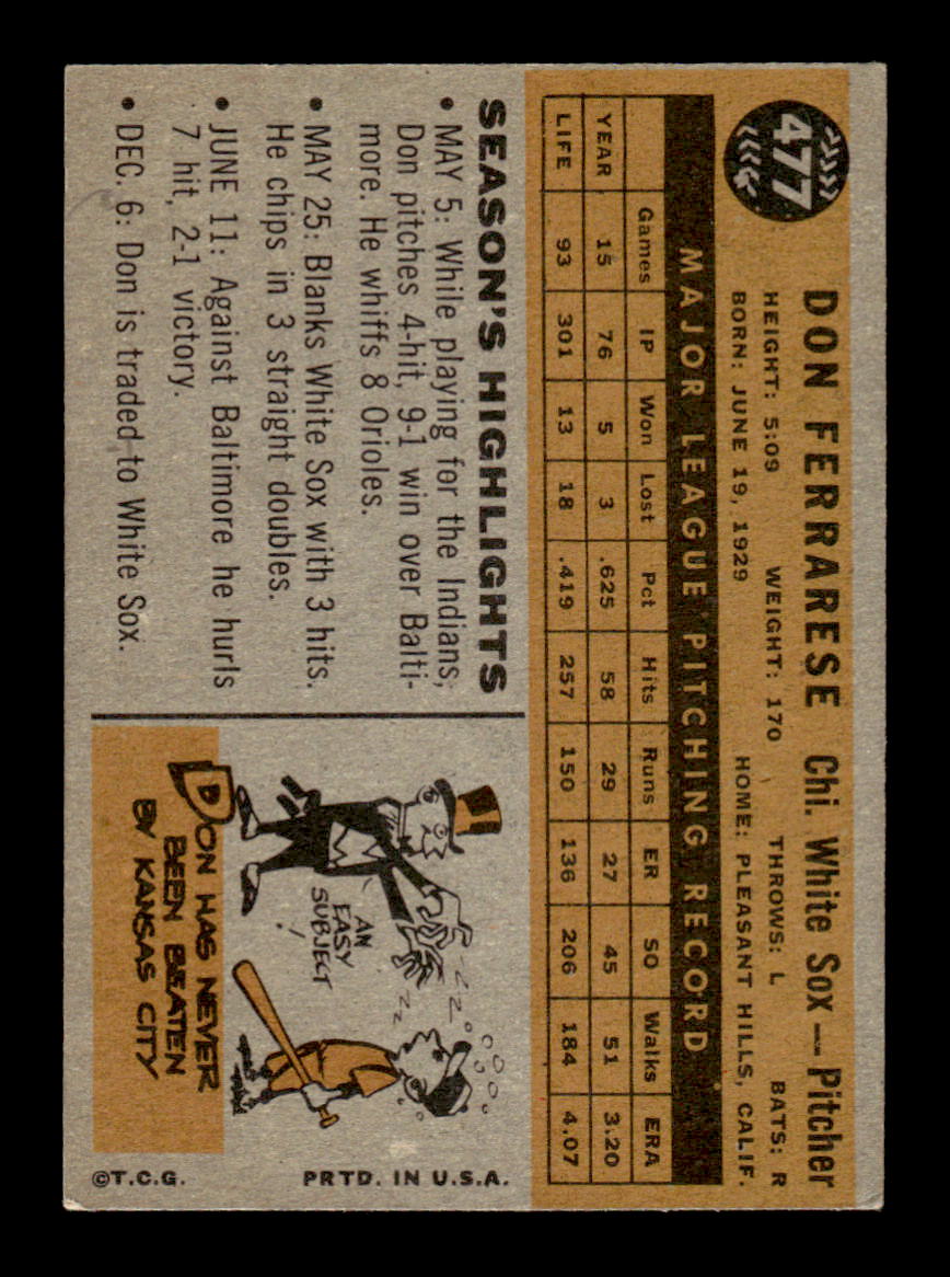 1960 Topps #477 Don Ferrarese - Chicago White Sox EX