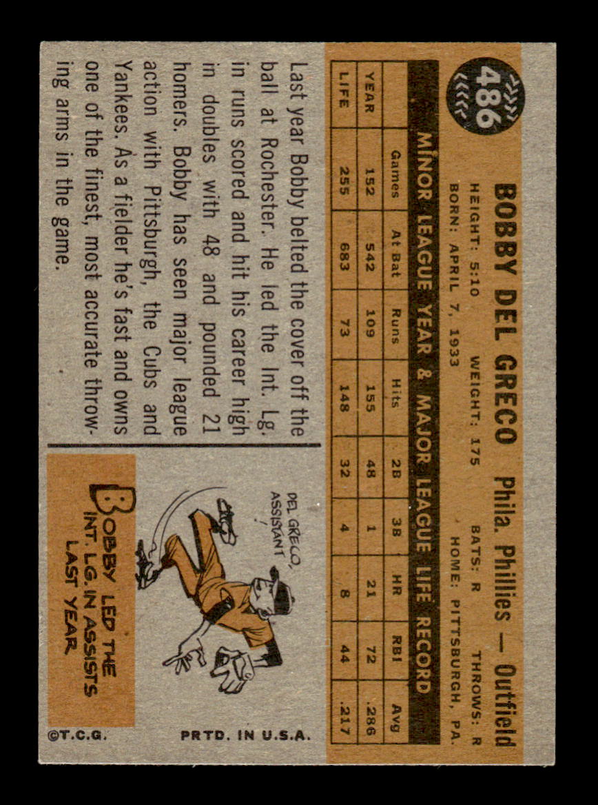 1960 Topps #486 Bobby Del Greco - Philadelphia Phillies EXMT
