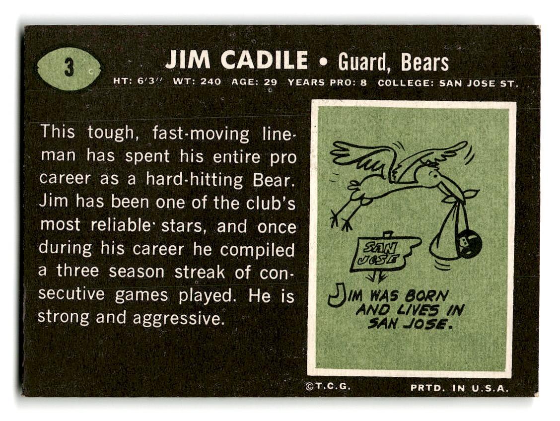 1969 Topps #3 Jim Cadile RC Chicago Bears EX