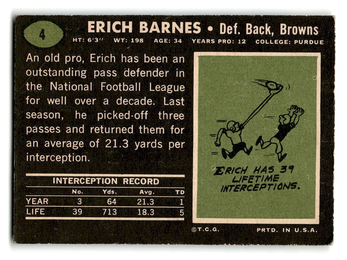 1969 Topps #4 Erich Barnes Cleveland Browns EX
