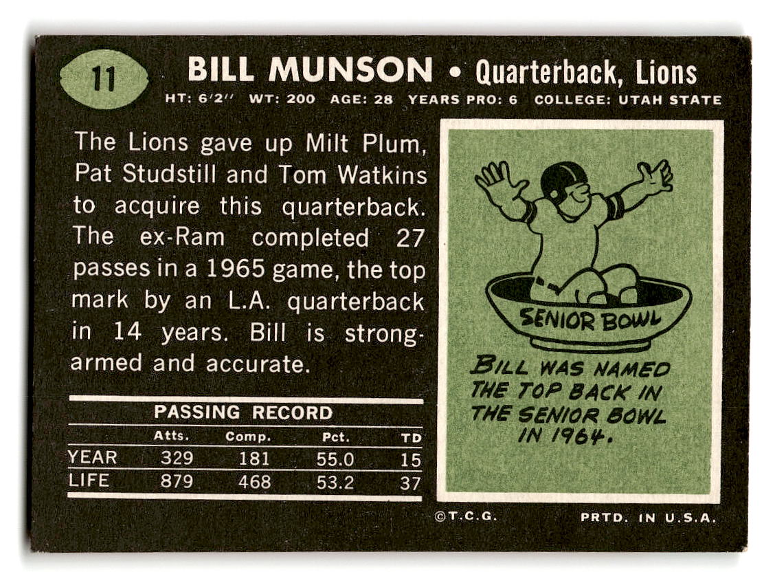 1969 Topps #11 Bill Munson Detroit Lions EX