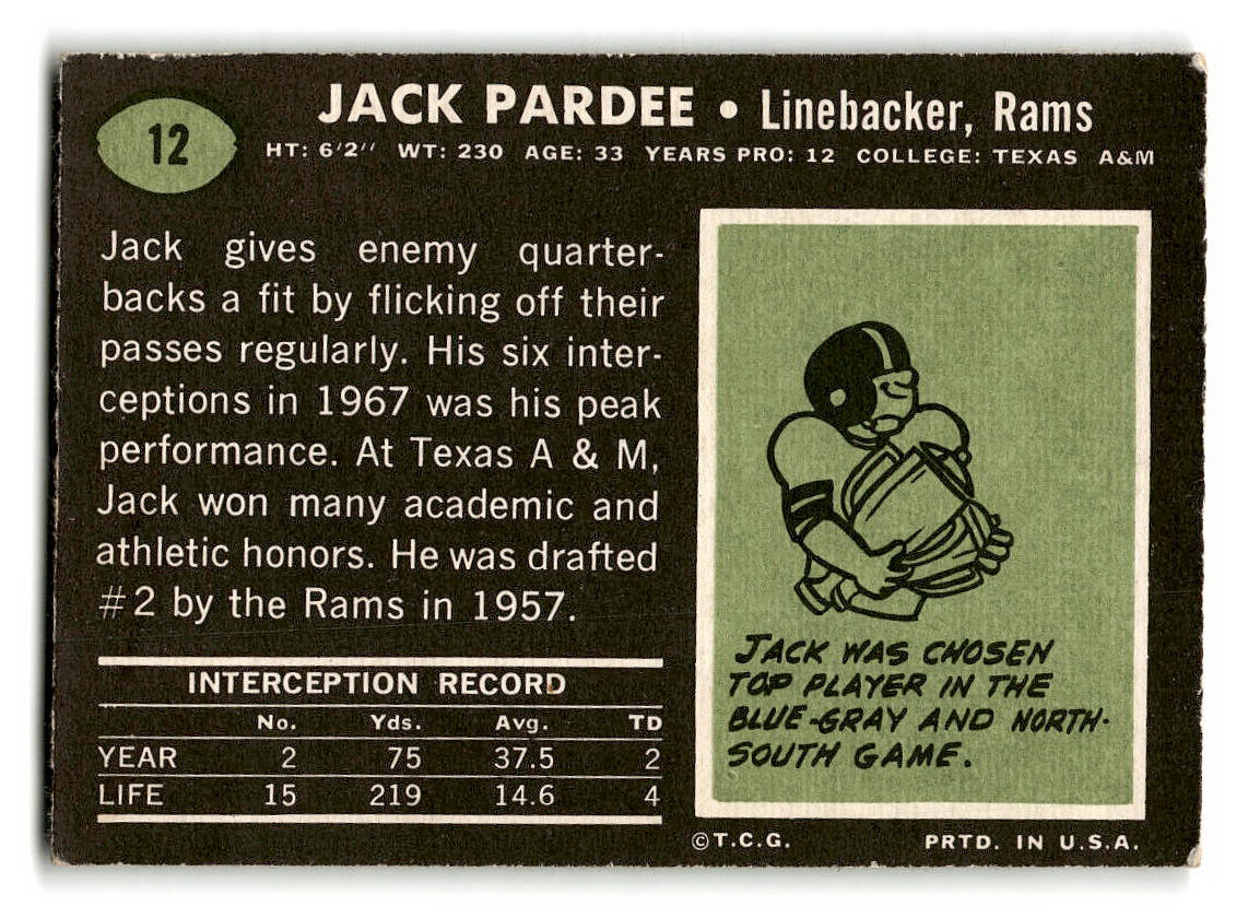 1969 Topps #12 Jack Pardee Los Angeles Rams EX
