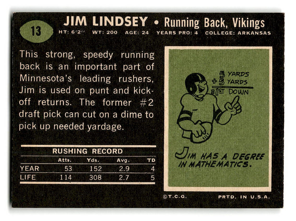 1969 Topps #13 Jim Lindsey RC Minnesota Vikings EX