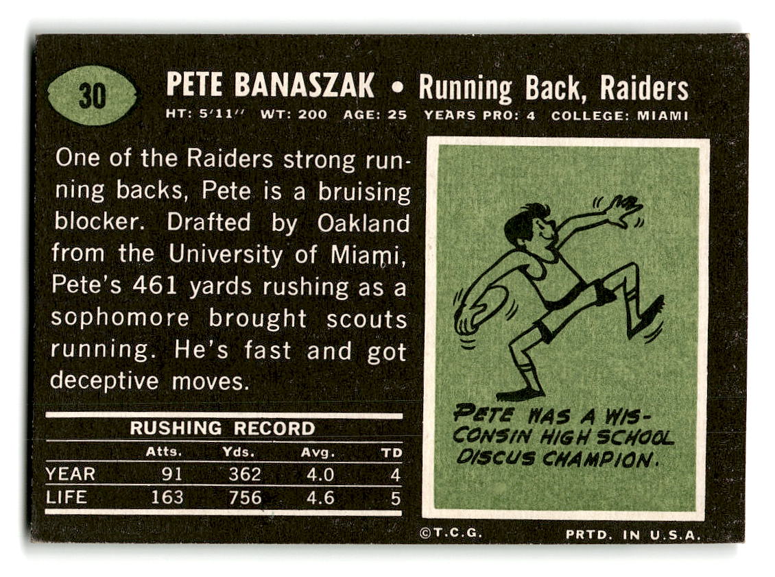 1969 Topps #30 Pete Banaszak RC Oakland Raiders G