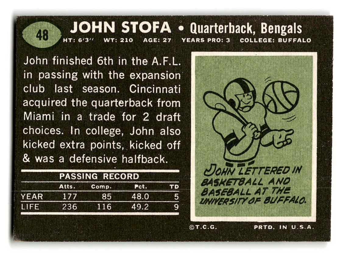 1969 Topps #48 John Stofa RC Cincinnati Bengals VG